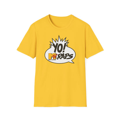 Yellow t-shirt with "YO! MTV RAPS" comic speech bubble logo.