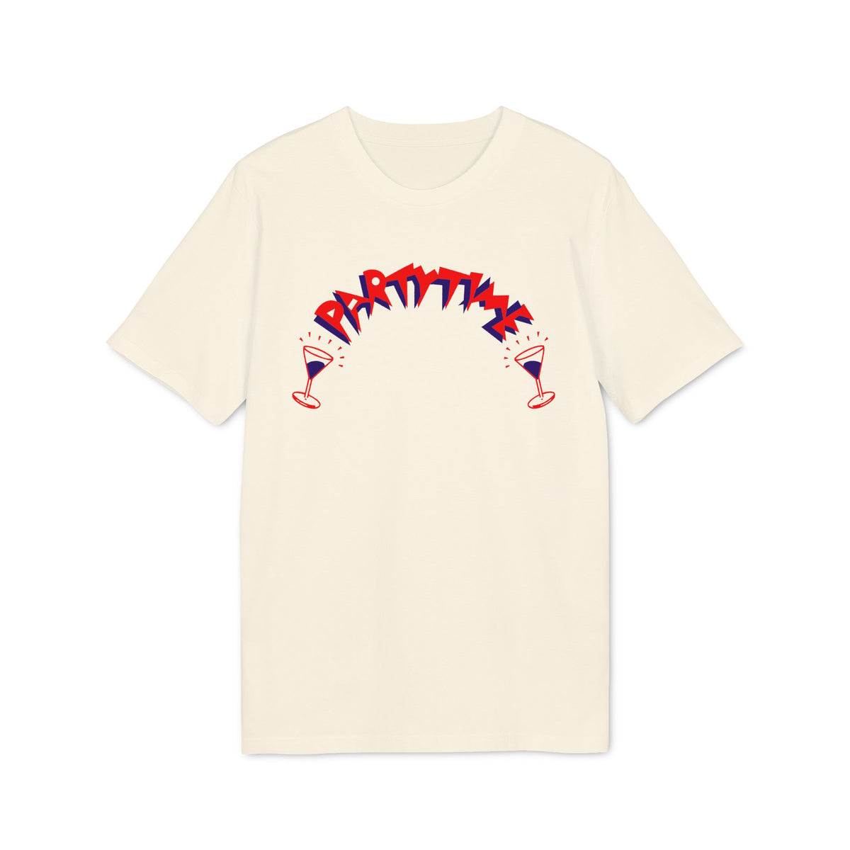 Cream t-shirt with "PARTY TIME" text and two cocktail glasses graphic.