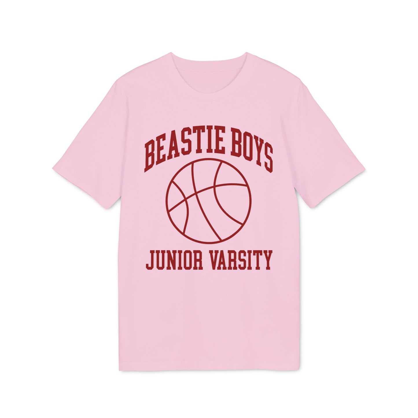 Pink t-shirt with "Beastie Boys Junior Varsity" and basketball graphic.