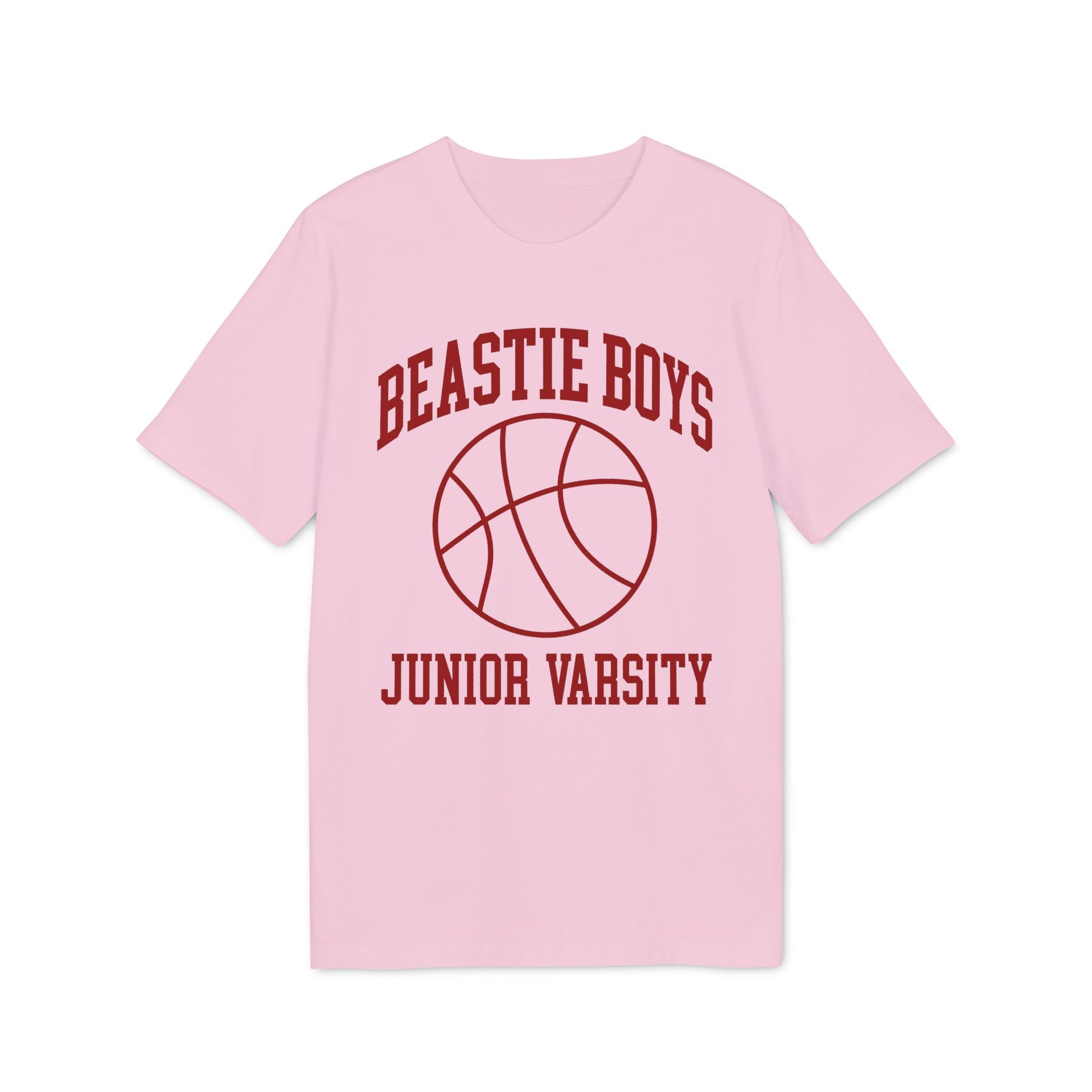 Pink t-shirt with "Beastie Boys Junior Varsity" and basketball graphic.