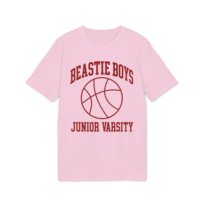 Pink t-shirt with "Beastie Boys Junior Varsity" and basketball graphic.