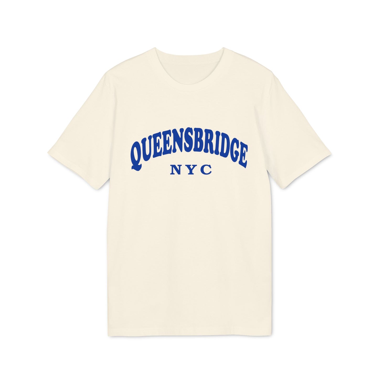 Cream t-shirt with blue "QUEENSBRIDGE NYC" text on chest