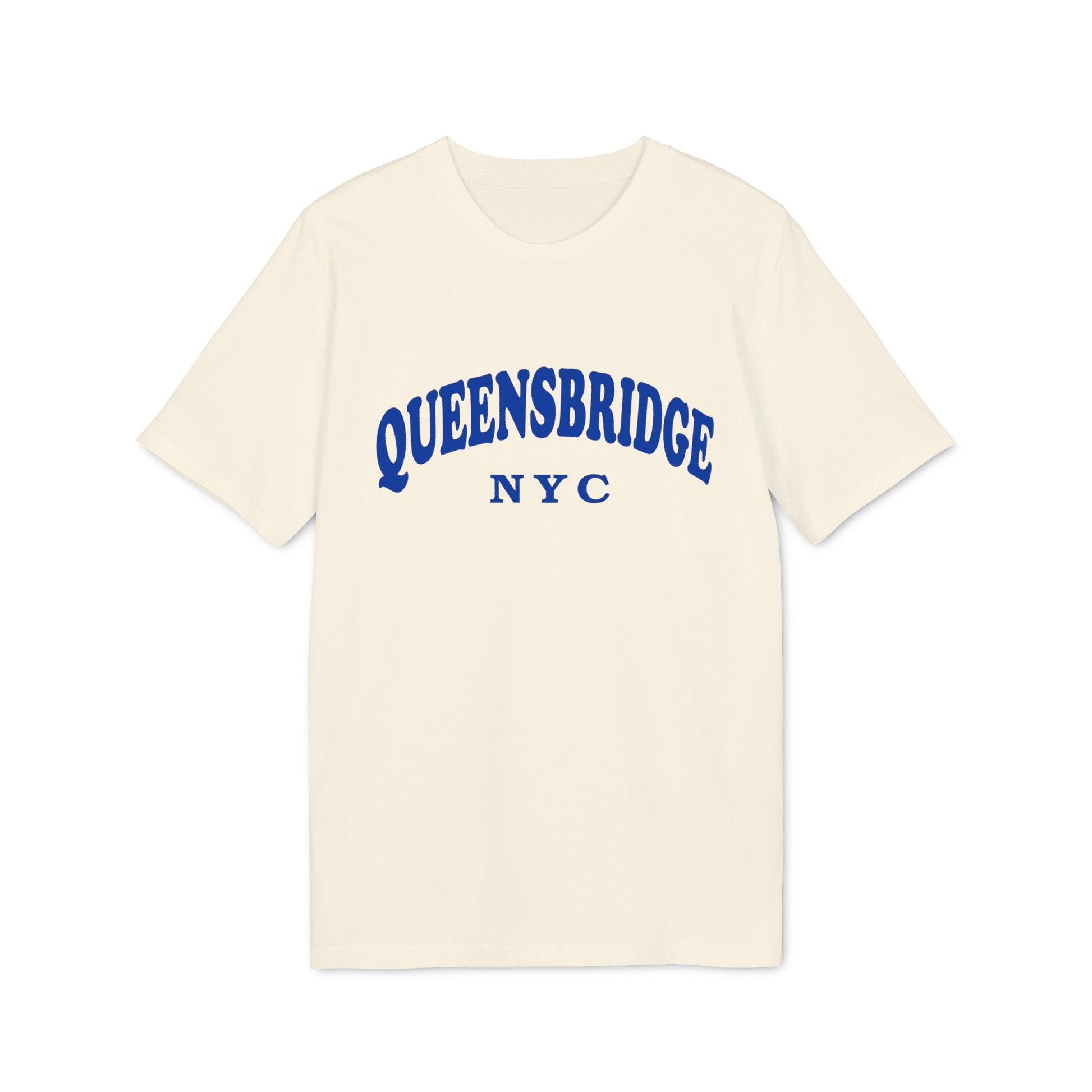 Cream t-shirt with blue "QUEENSBRIDGE NYC" text on chest