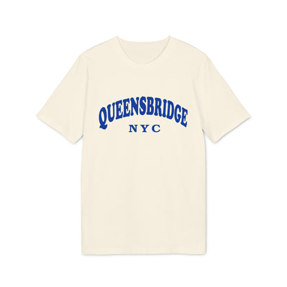 Cream t-shirt with blue "QUEENSBRIDGE NYC" text on chest