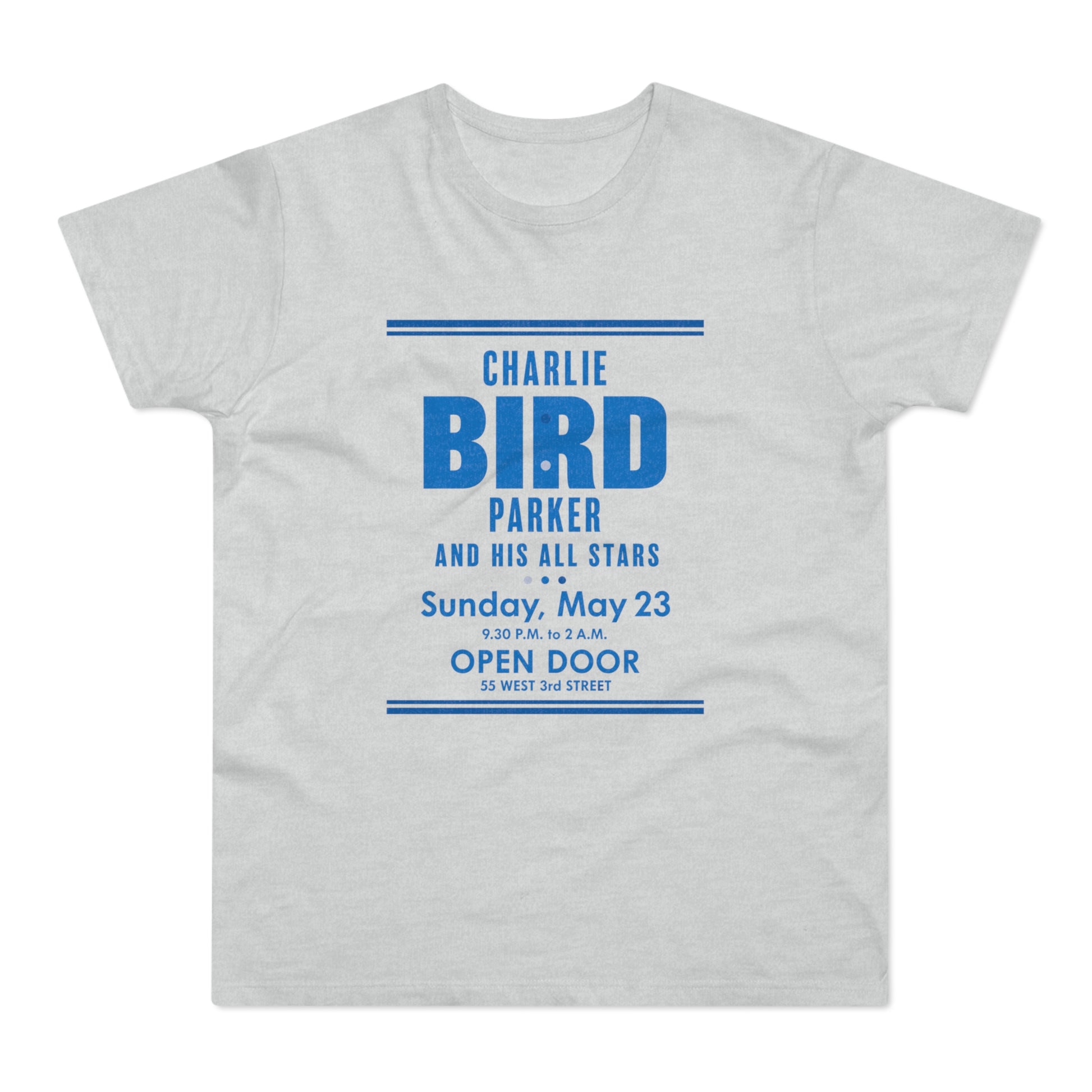 Light gray t-shirt with "Charlie Bird Parker and His All Stars" concert details.