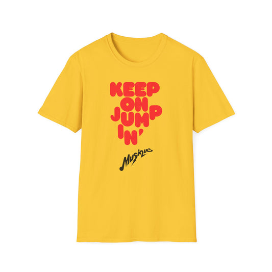 Yellow t-shirt with red text "KEEP ON JUMP 'N' MUSIQUE".