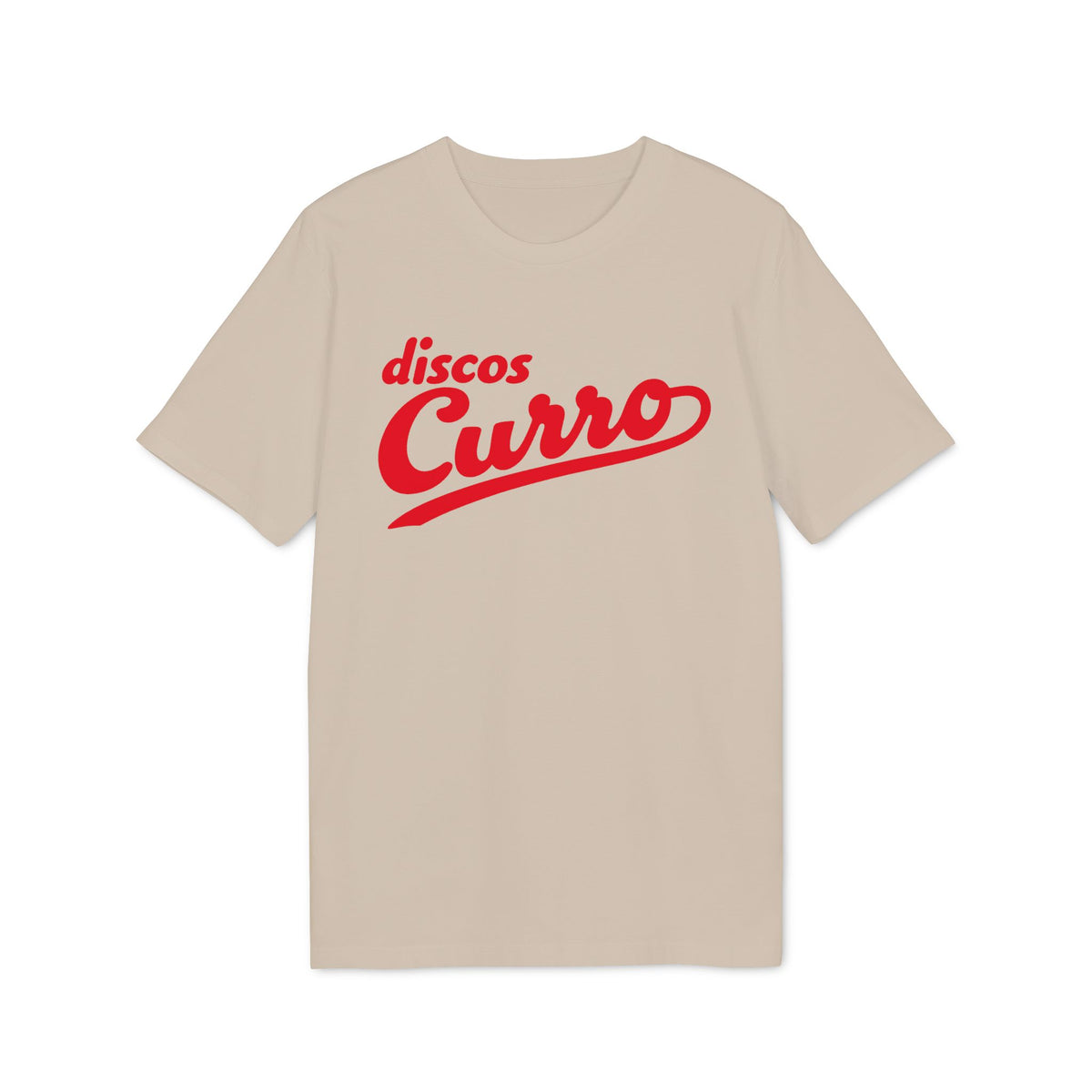Tan t-shirt with red "discos Curro" script logo on the chest.