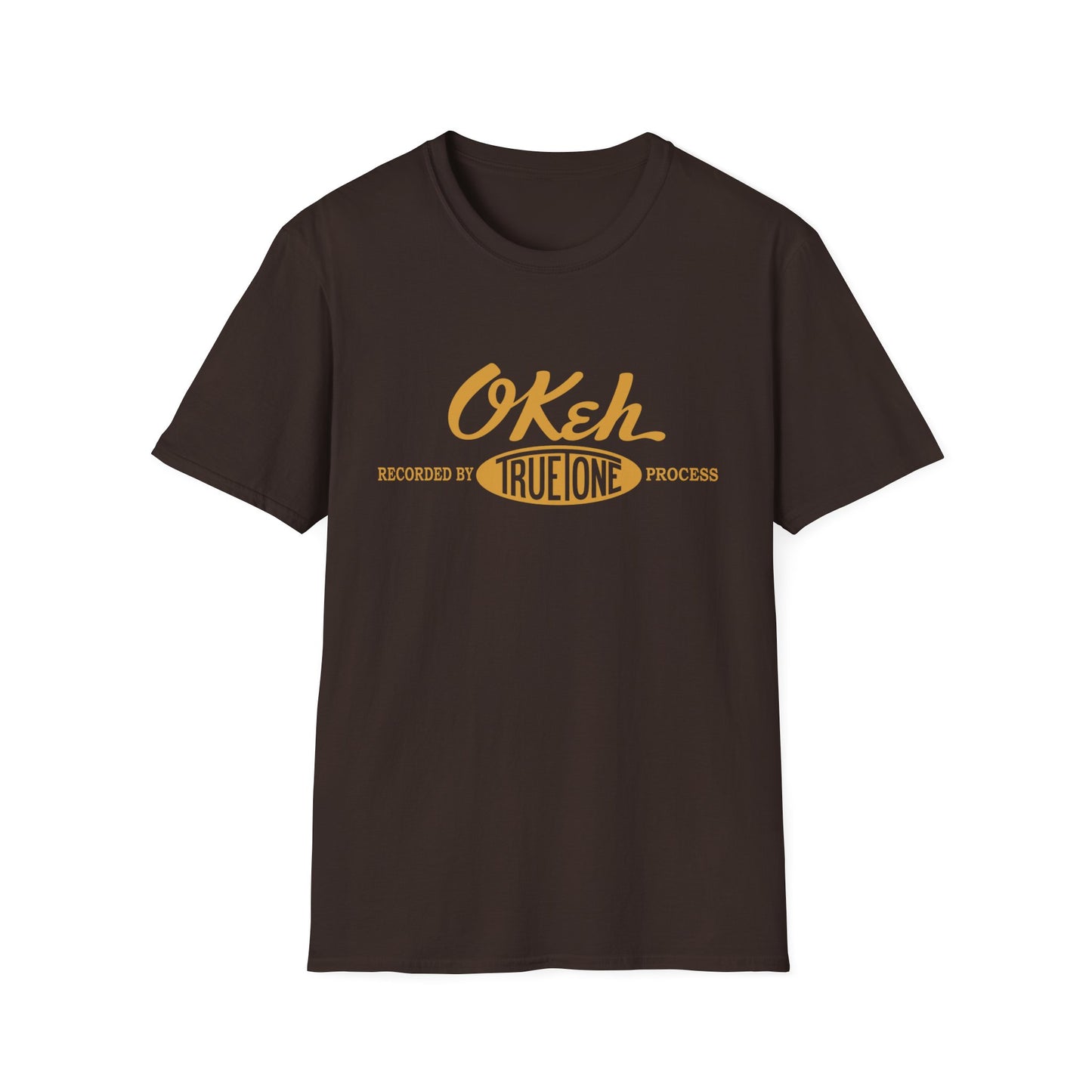 Brown t-shirt with "Okeh" and "Recorded by True Tone Process" in yellow lettering.