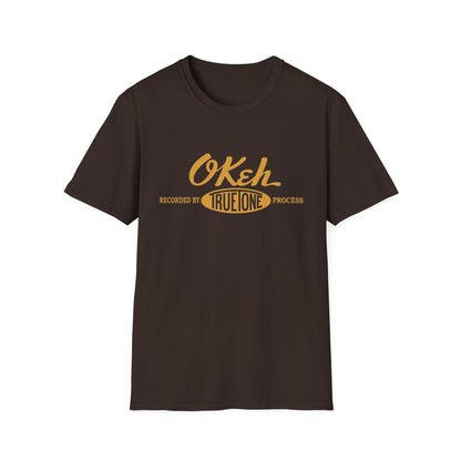 Brown t-shirt with "Okeh" and "Recorded by True Tone Process" in yellow lettering.