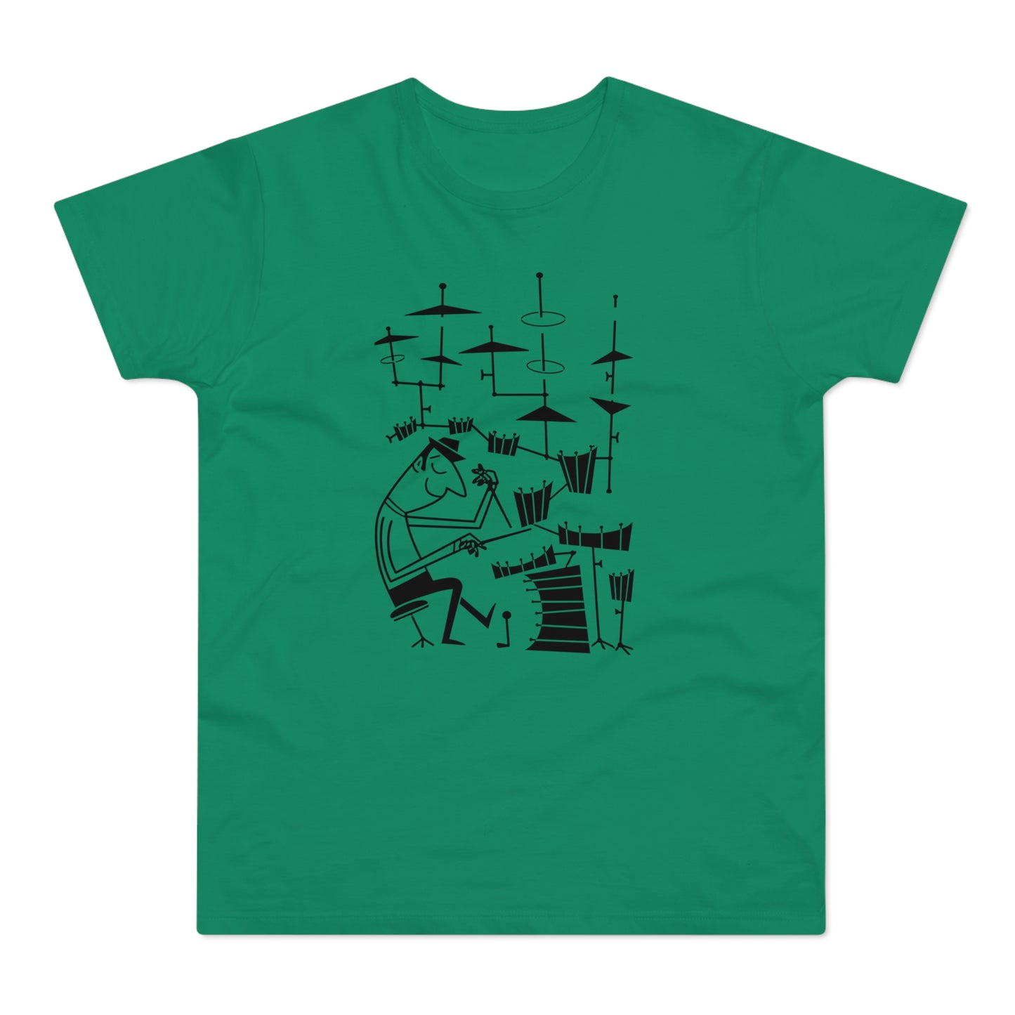 Black line art of a cartoon drummer playing a drum set on a green t-shirt.