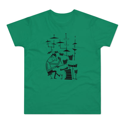 Black line art of a cartoon drummer playing a drum set on a green t-shirt.