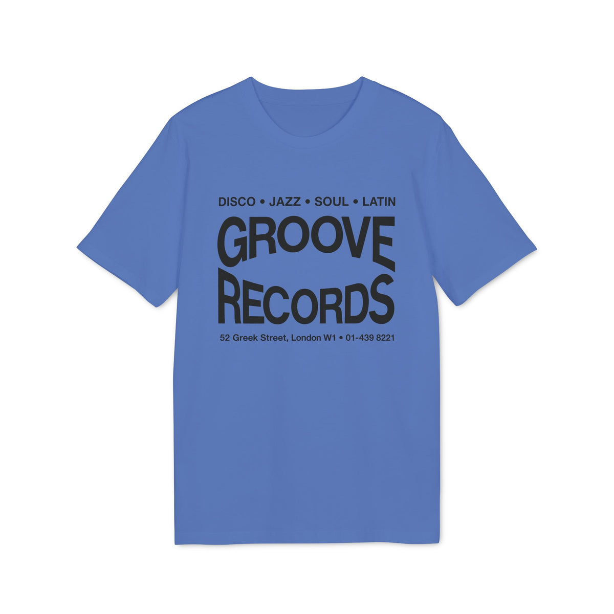 Blue t-shirt with "Groove Records" text, address, and phone number.