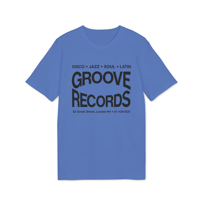 Blue t-shirt with "Groove Records" text, address, and phone number.