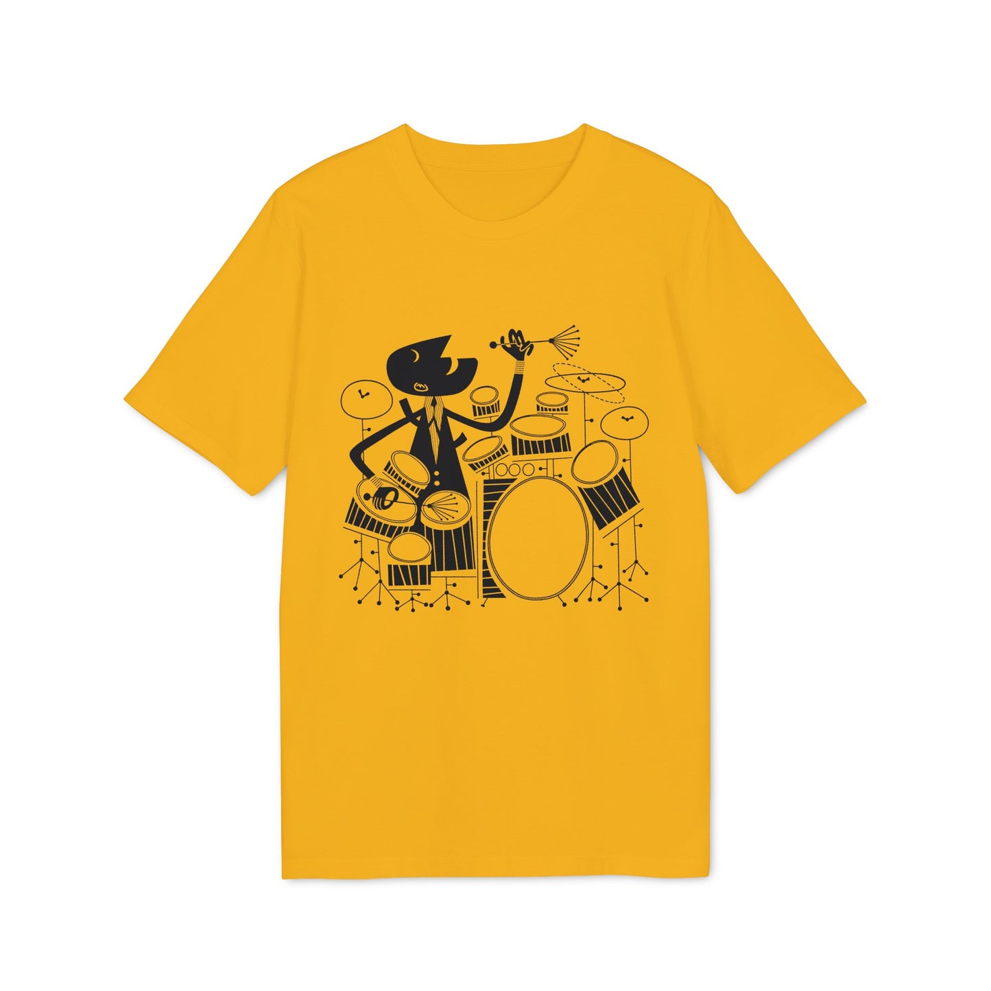 Black graphic of a drummer and drum set on a yellow t-shirt.