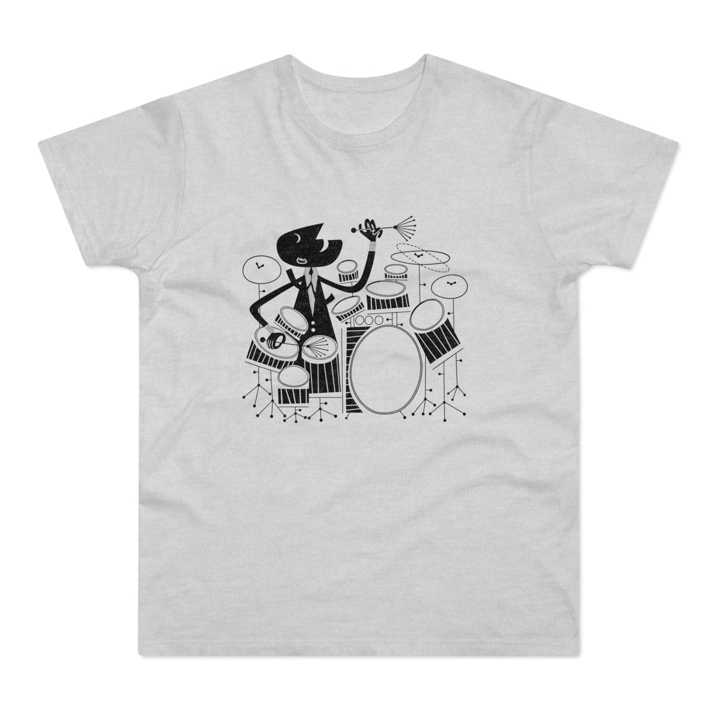 Black and white cartoon drummer playing a drum set on a grey t-shirt.