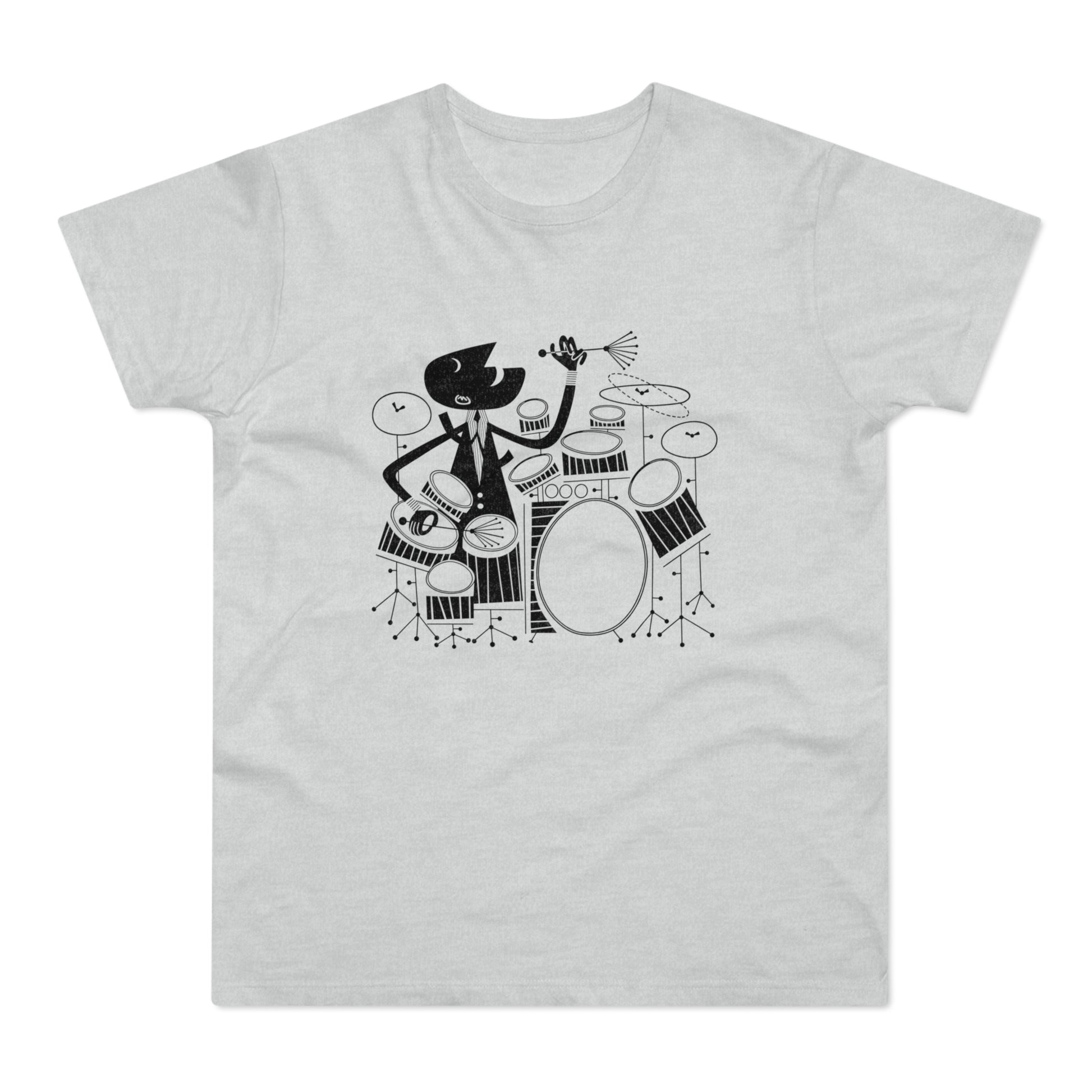 Black and white cartoon drummer playing a drum set on a grey t-shirt.