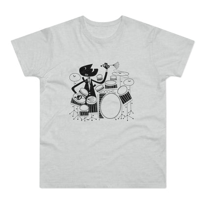 Black and white cartoon drummer playing a drum set on a grey t-shirt.