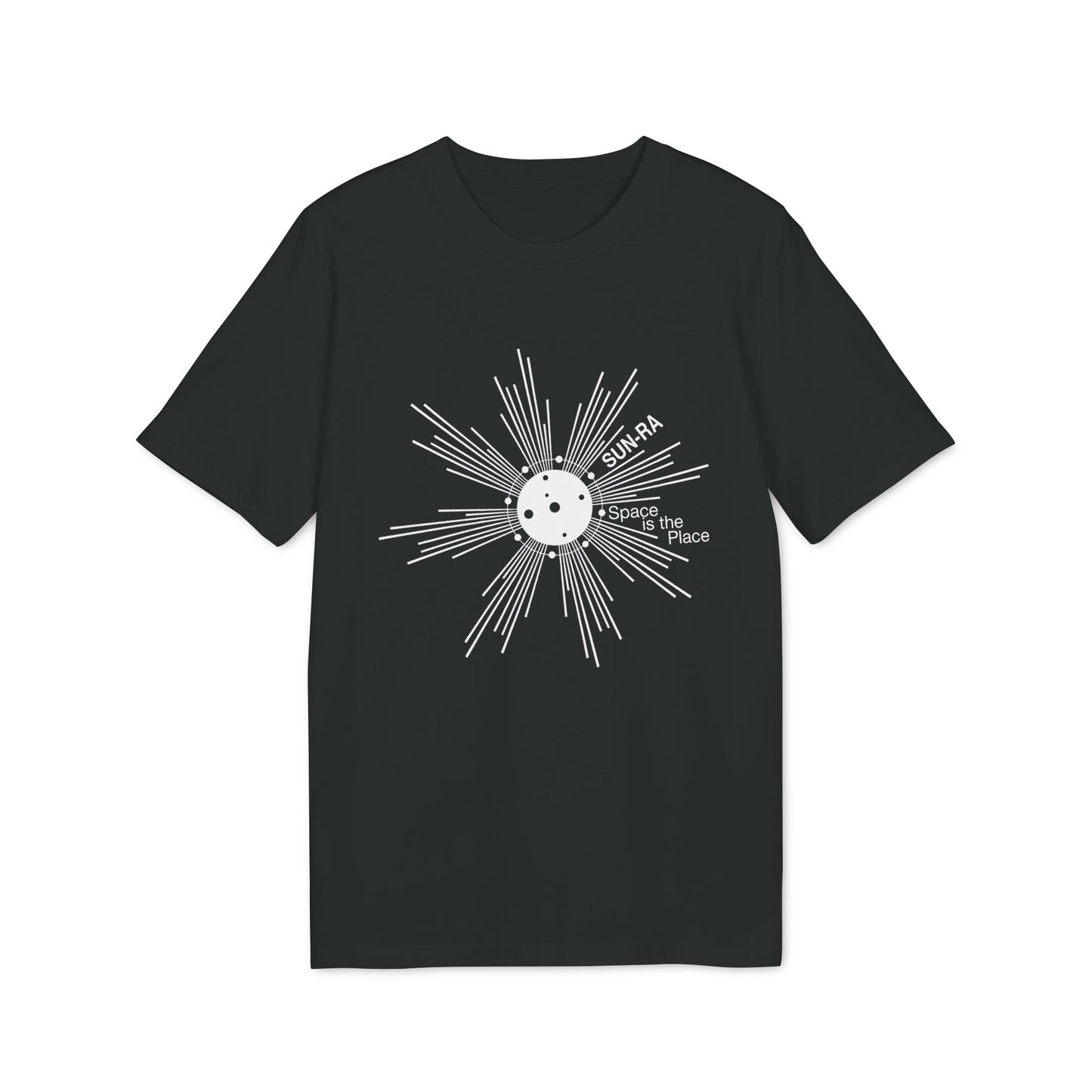Black t-shirt with white "SUN-RA Space is the Place" graphic.