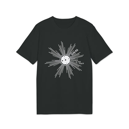 Black t-shirt with white "SUN-RA Space is the Place" graphic.