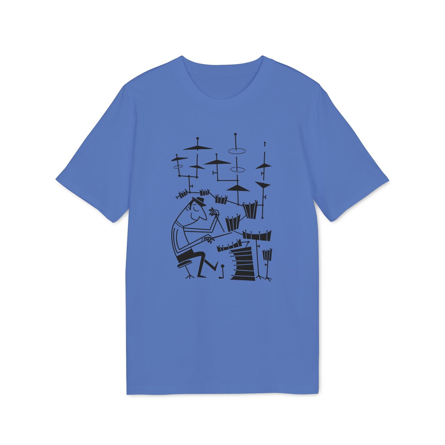 T-shirt with black line art of a cartoon drummer playing a drum set.