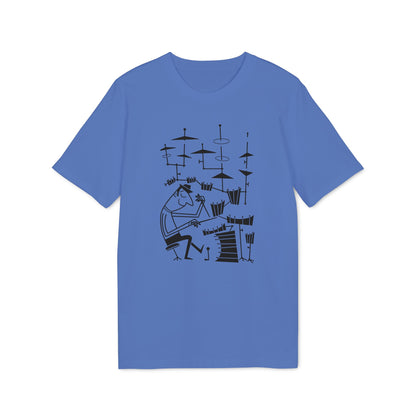 T-shirt with black line art of a cartoon drummer playing a drum set.
