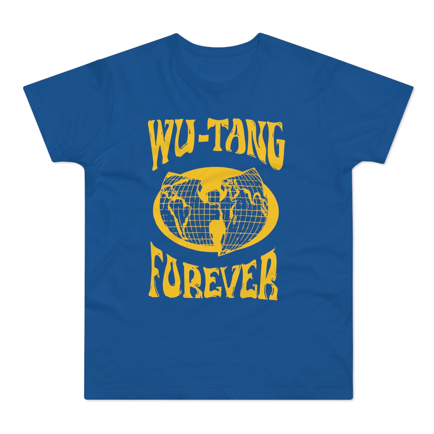 Blue t-shirt with yellow "Wu-Tang Forever" text and Wu-Tang logo globe design.