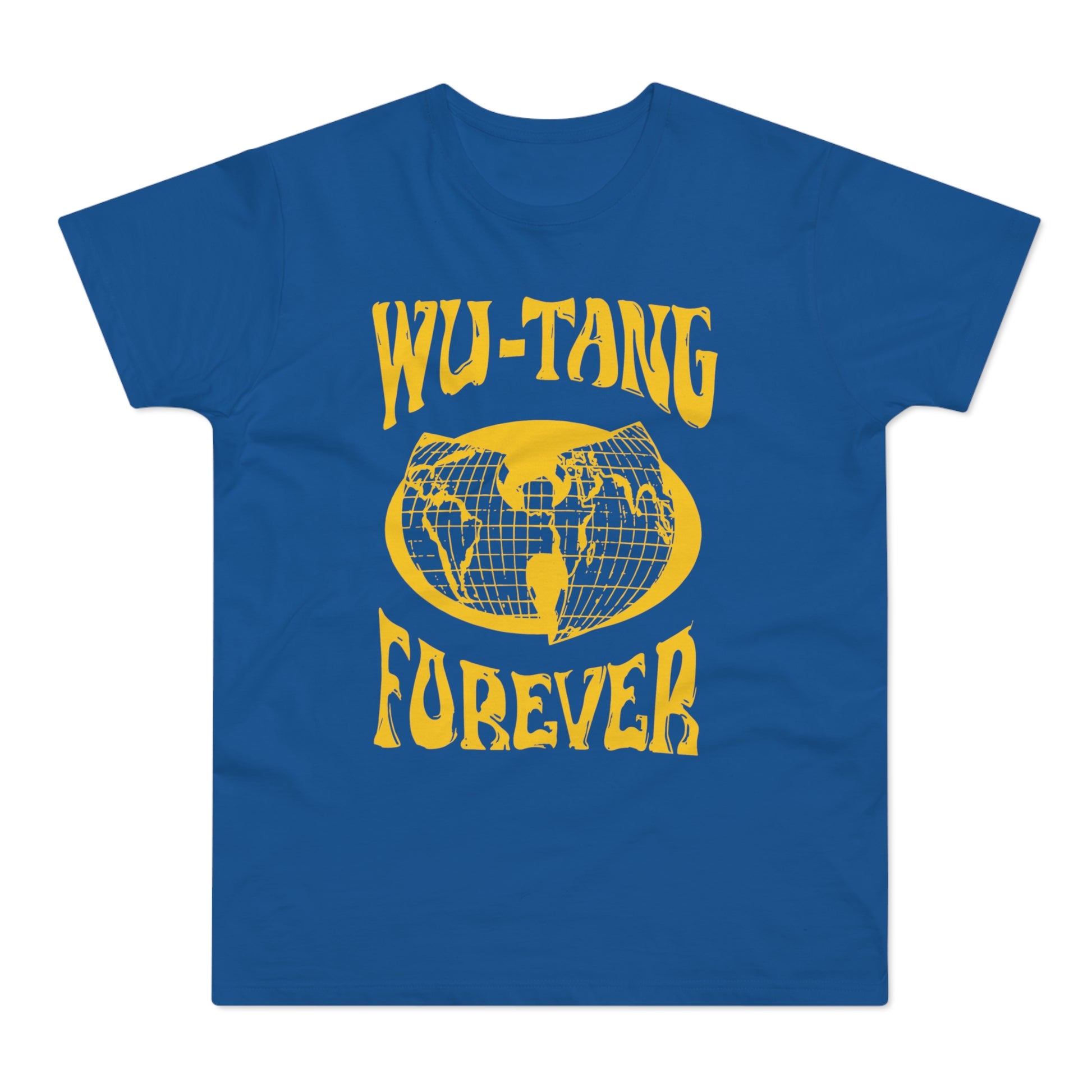 Blue t-shirt with yellow "Wu-Tang Forever" text and Wu-Tang logo globe design.