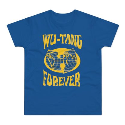 Blue t-shirt with yellow "Wu-Tang Forever" text and Wu-Tang logo globe design.