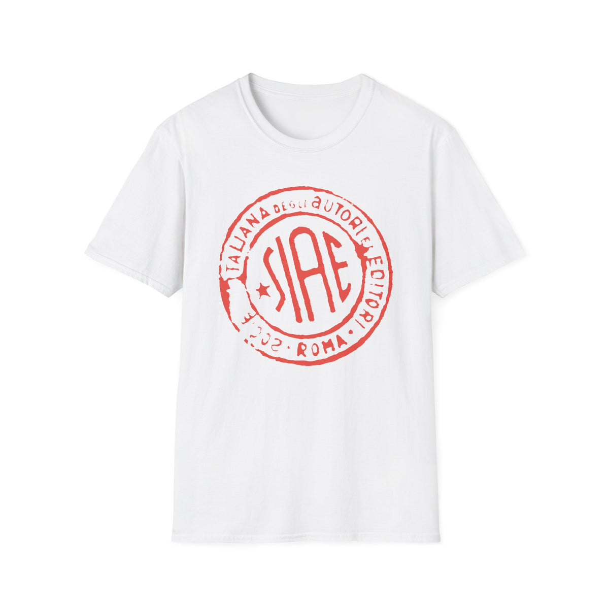 White t-shirt with red SIAE stamp, "ITALIANA DEGLI AUTORI EDITORI" and "2002 ROMA" text.