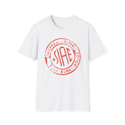 White t-shirt with red SIAE stamp, "ITALIANA DEGLI AUTORI EDITORI" and "2002 ROMA" text.