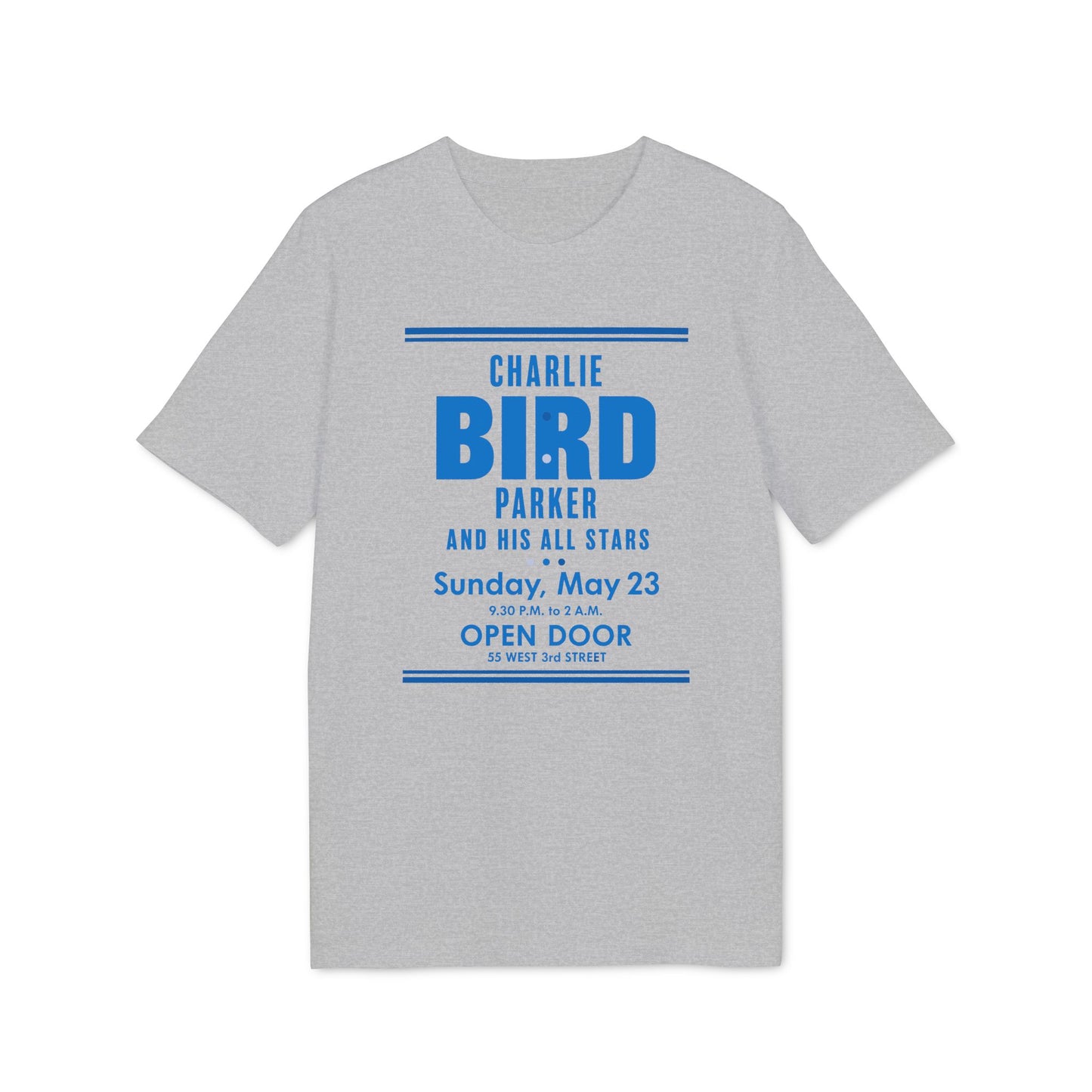 Charlie Bird Parker and His All Stars concert details on a gray t-shirt.
