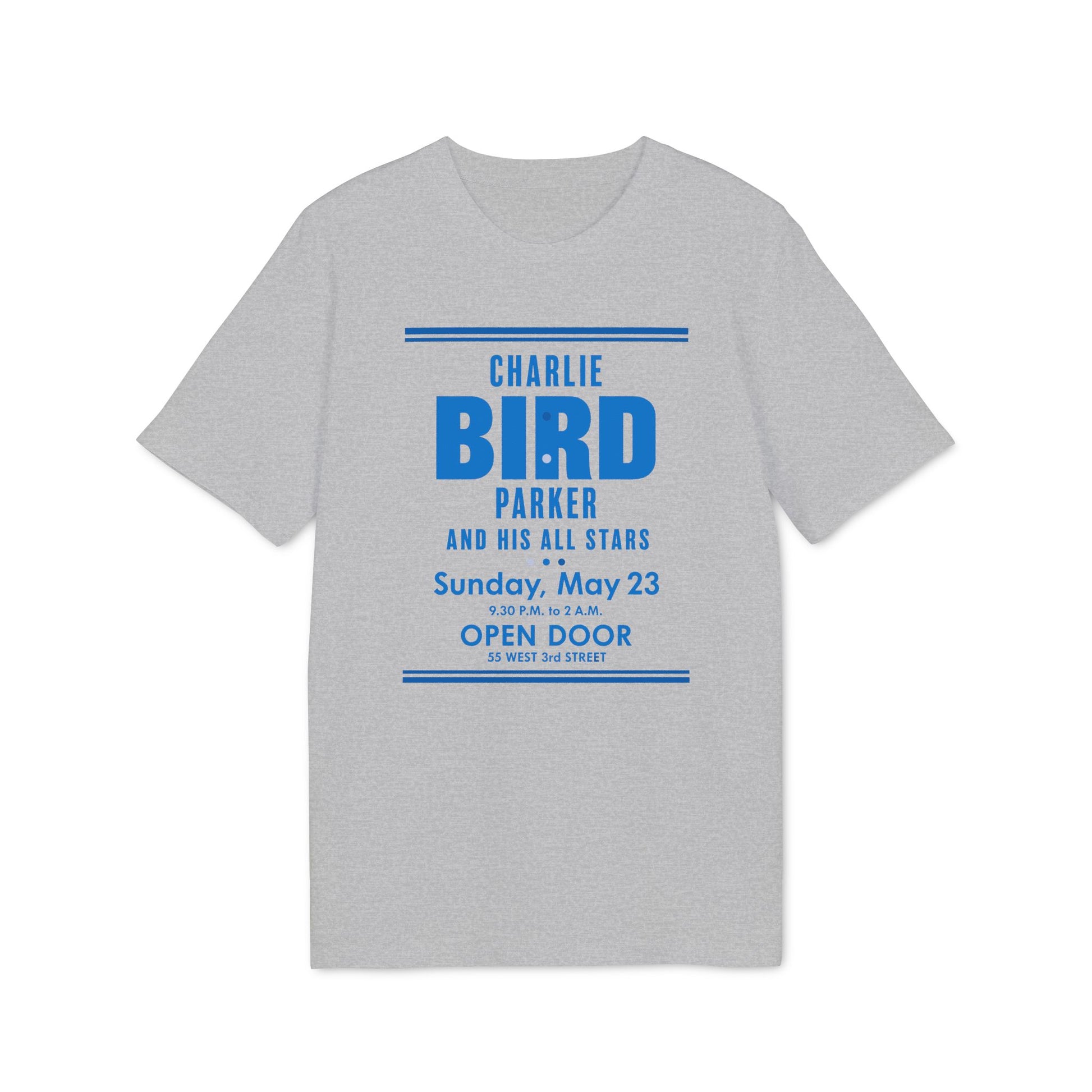 Charlie Bird Parker and His All Stars concert details on a gray t-shirt.