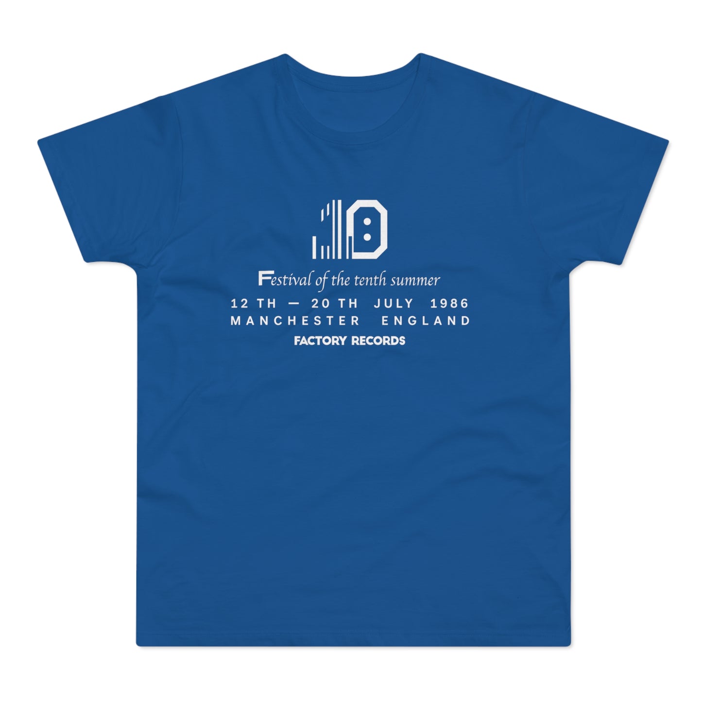 Blue t-shirt with "10" logo, "Festival of the tenth summer" and Factory Records details.