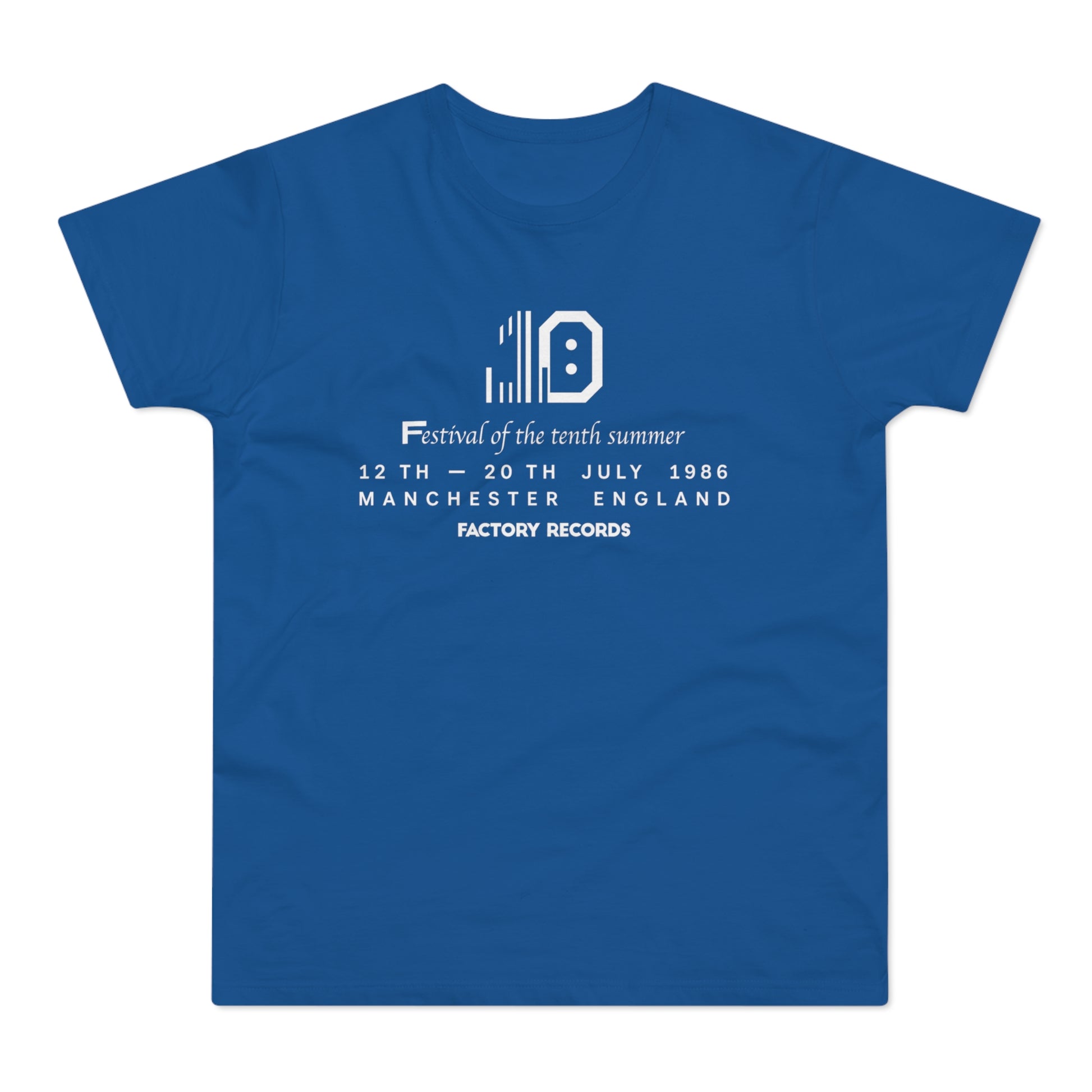 Blue t-shirt with "10" logo, "Festival of the tenth summer" and Factory Records details.