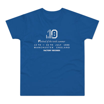 Blue t-shirt with "10" logo, "Festival of the tenth summer" and Factory Records details.
