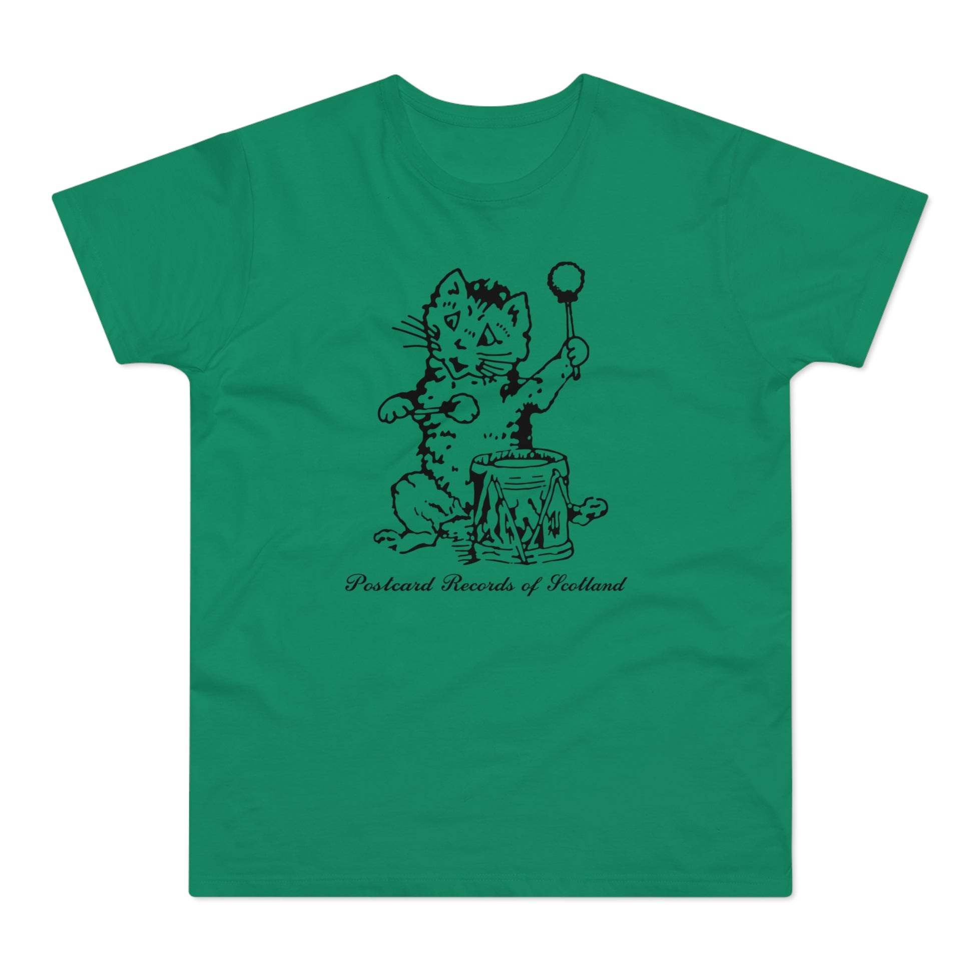 Black line drawing of a cat playing a drum with a mallet, with text "Postcard Records of Scotland".
