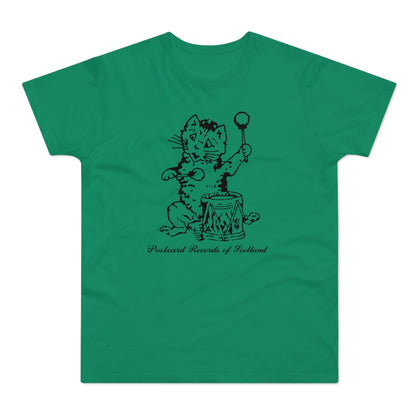 Black line drawing of a cat playing a drum with a mallet, with text "Postcard Records of Scotland".