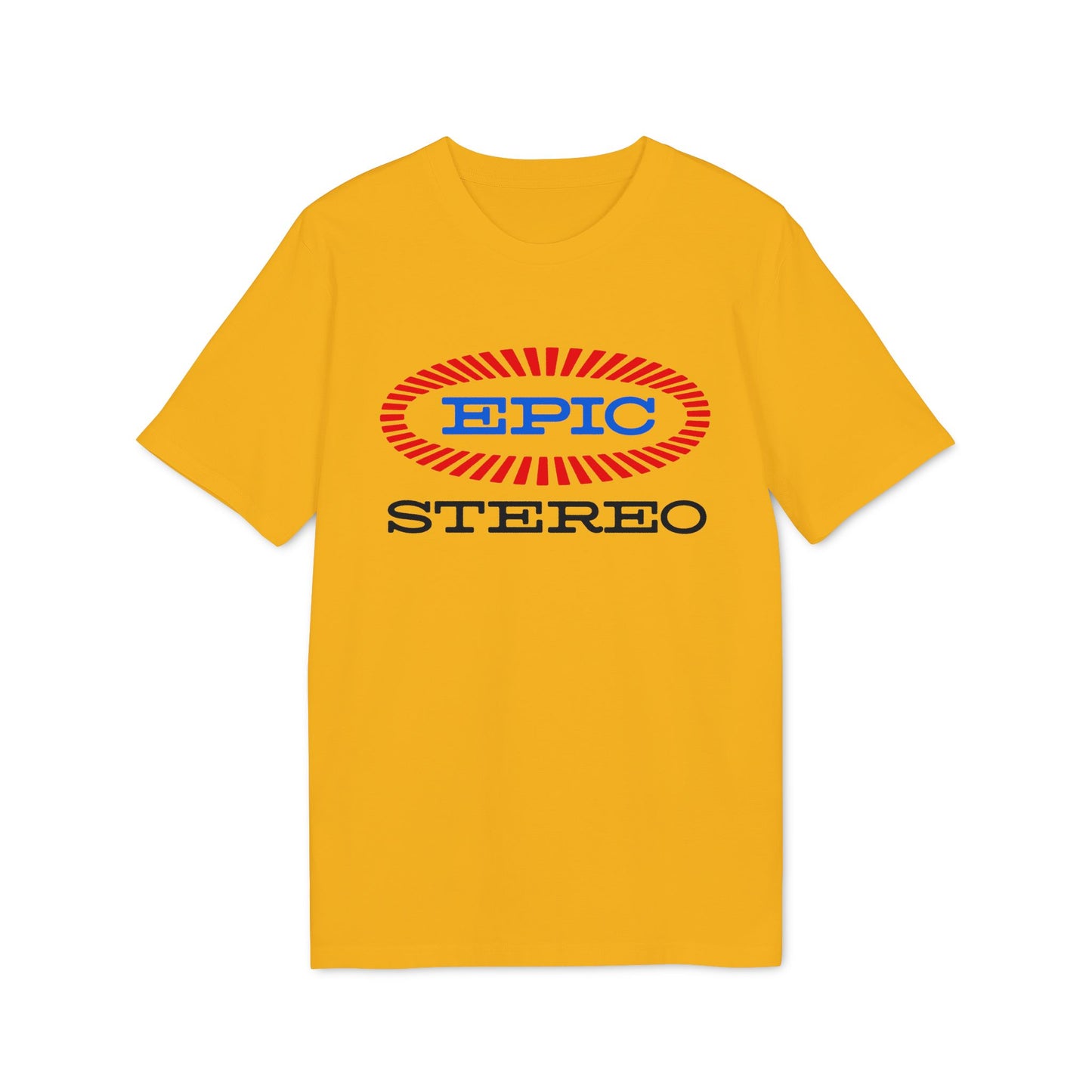 Yellow t-shirt with red and blue "EPIC STEREO" Oval logo.