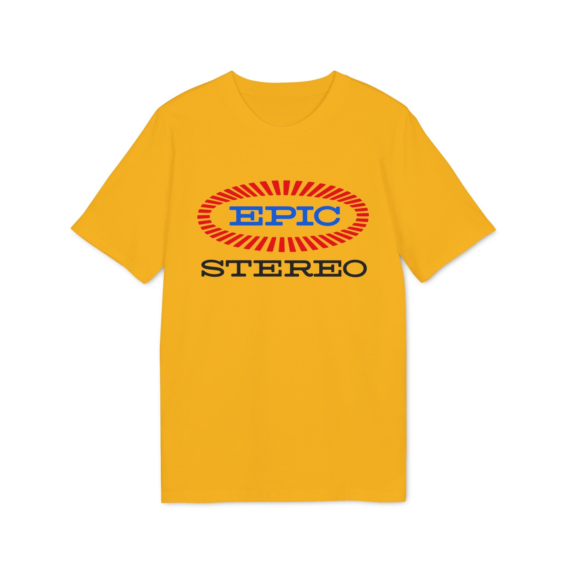 Yellow t-shirt with red and blue "EPIC STEREO" Oval logo.