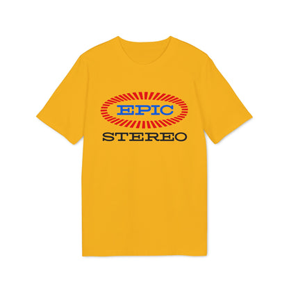 Yellow t-shirt with red and blue "EPIC STEREO" Oval logo.