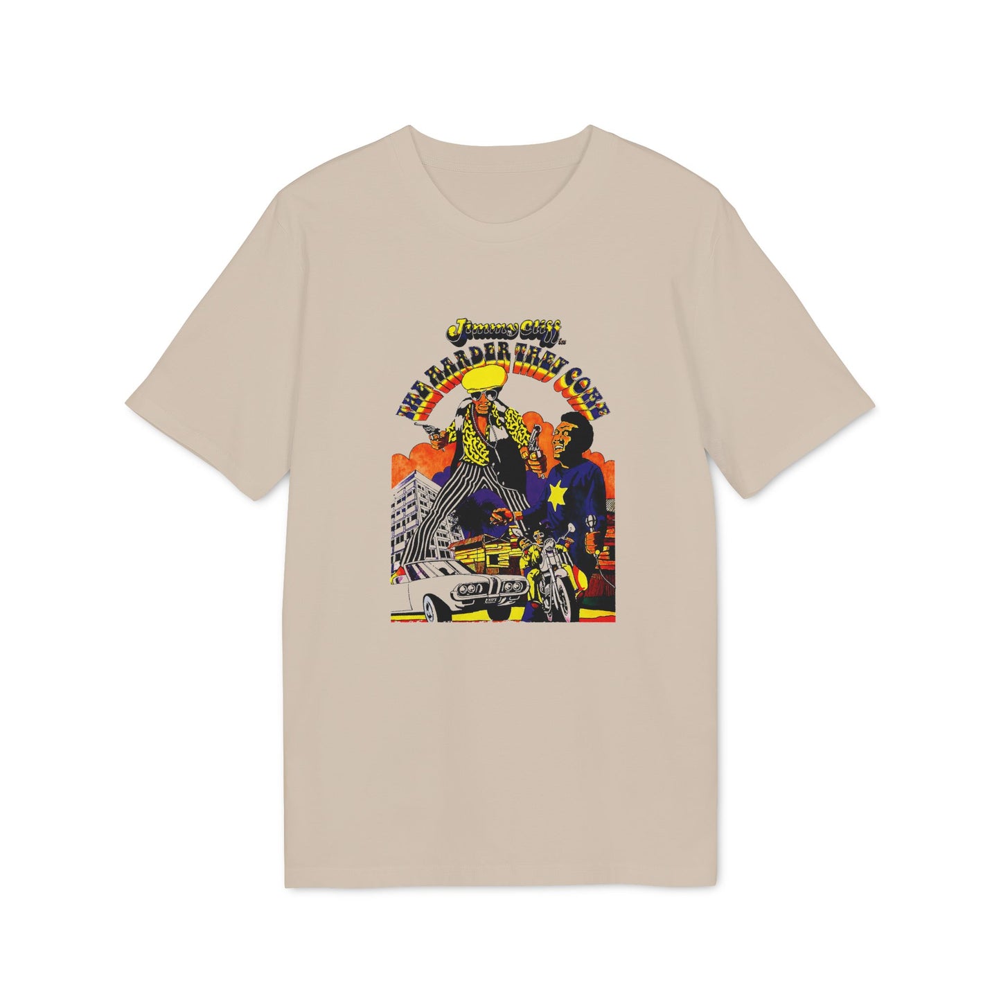 T-shirt with "Jimmy Cliff The Harder They Come" graphic featuring people with guns and vehicles.