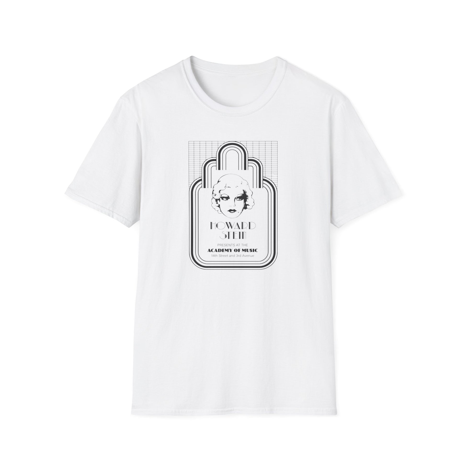 White t-shirt with black graphic of a woman and text about Howard Stein.