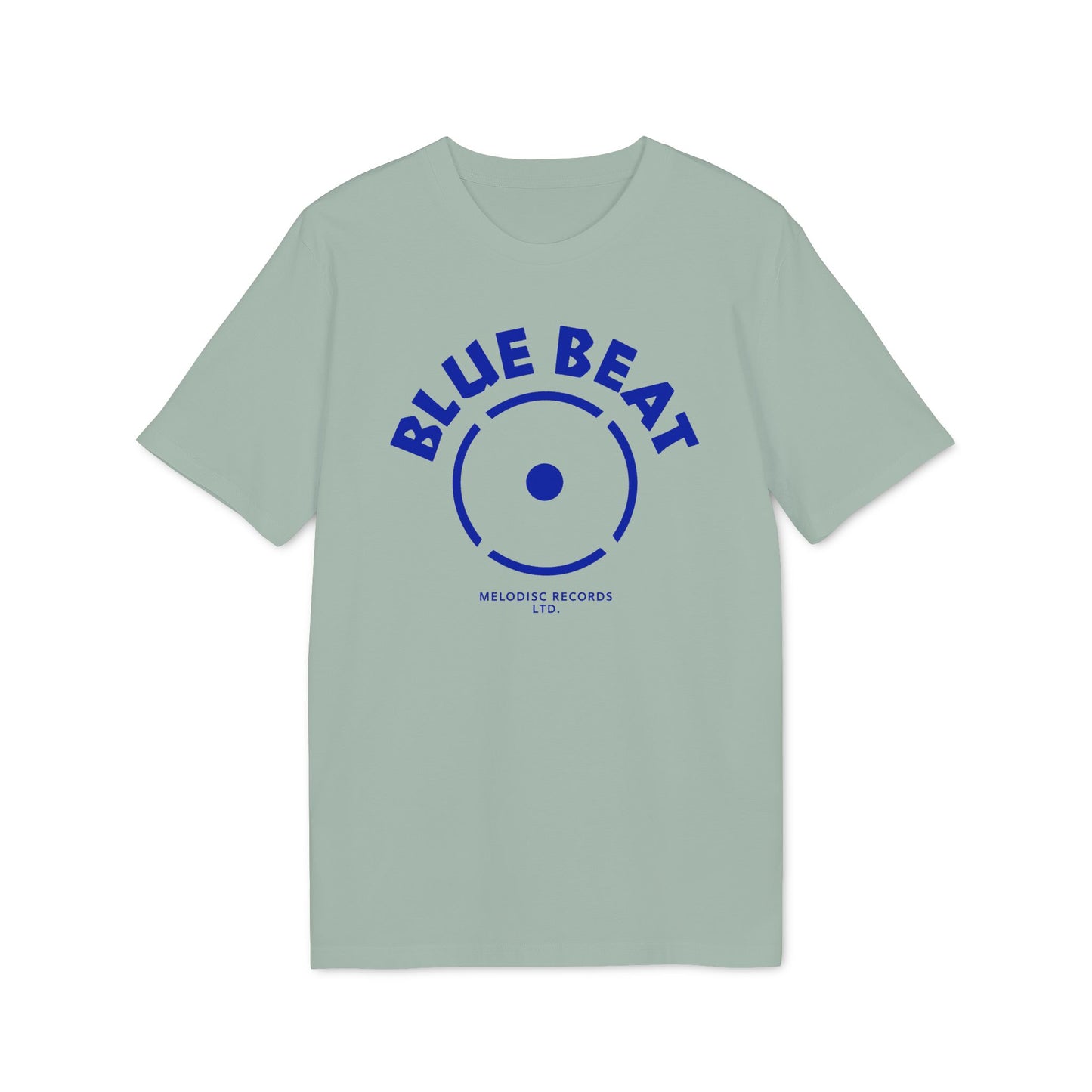 Light green t-shirt with blue "BLUE BEAT" text and record label graphic.