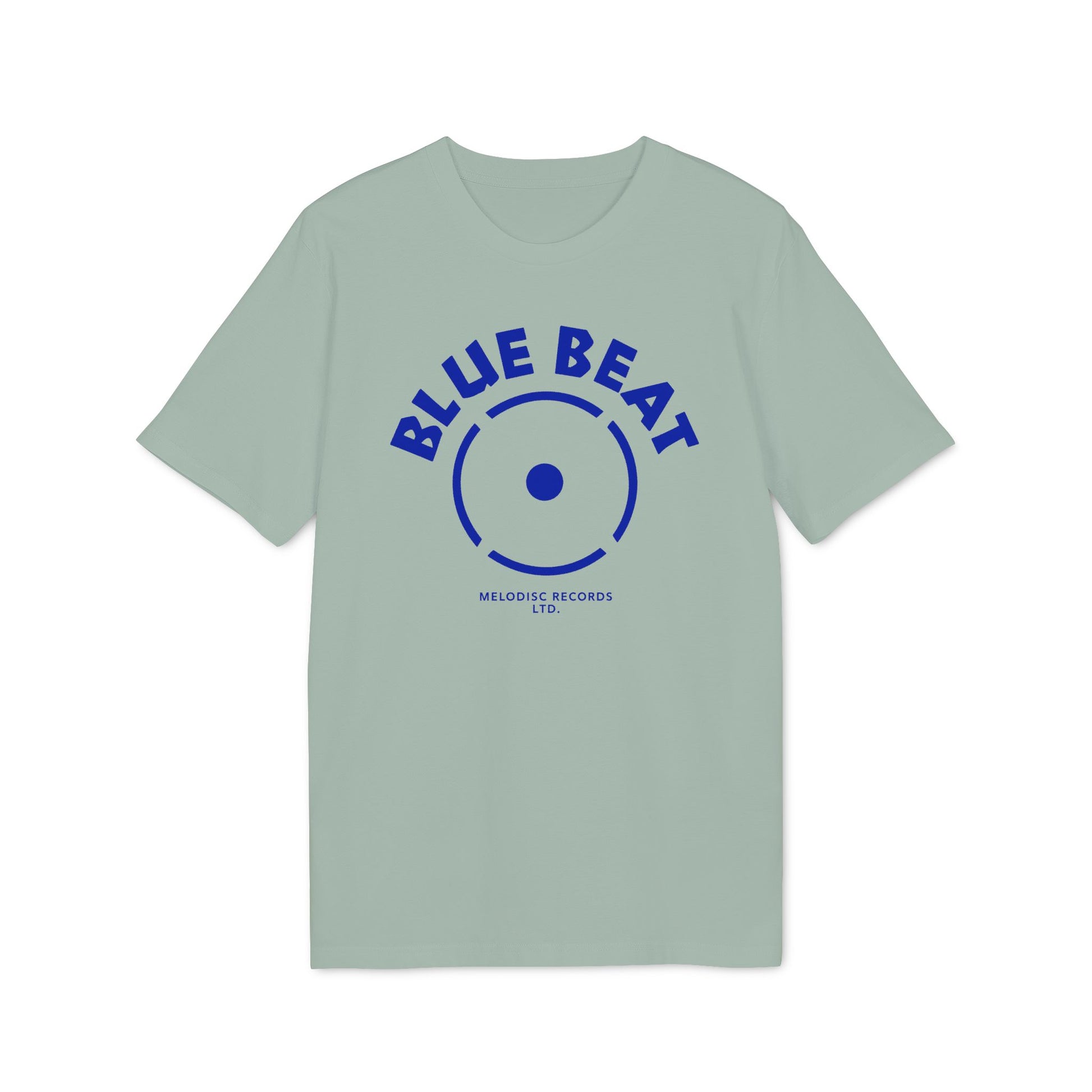 Light green t-shirt with blue "BLUE BEAT" text and record label graphic.