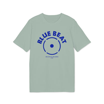 Light green t-shirt with blue "BLUE BEAT" text and record label graphic.