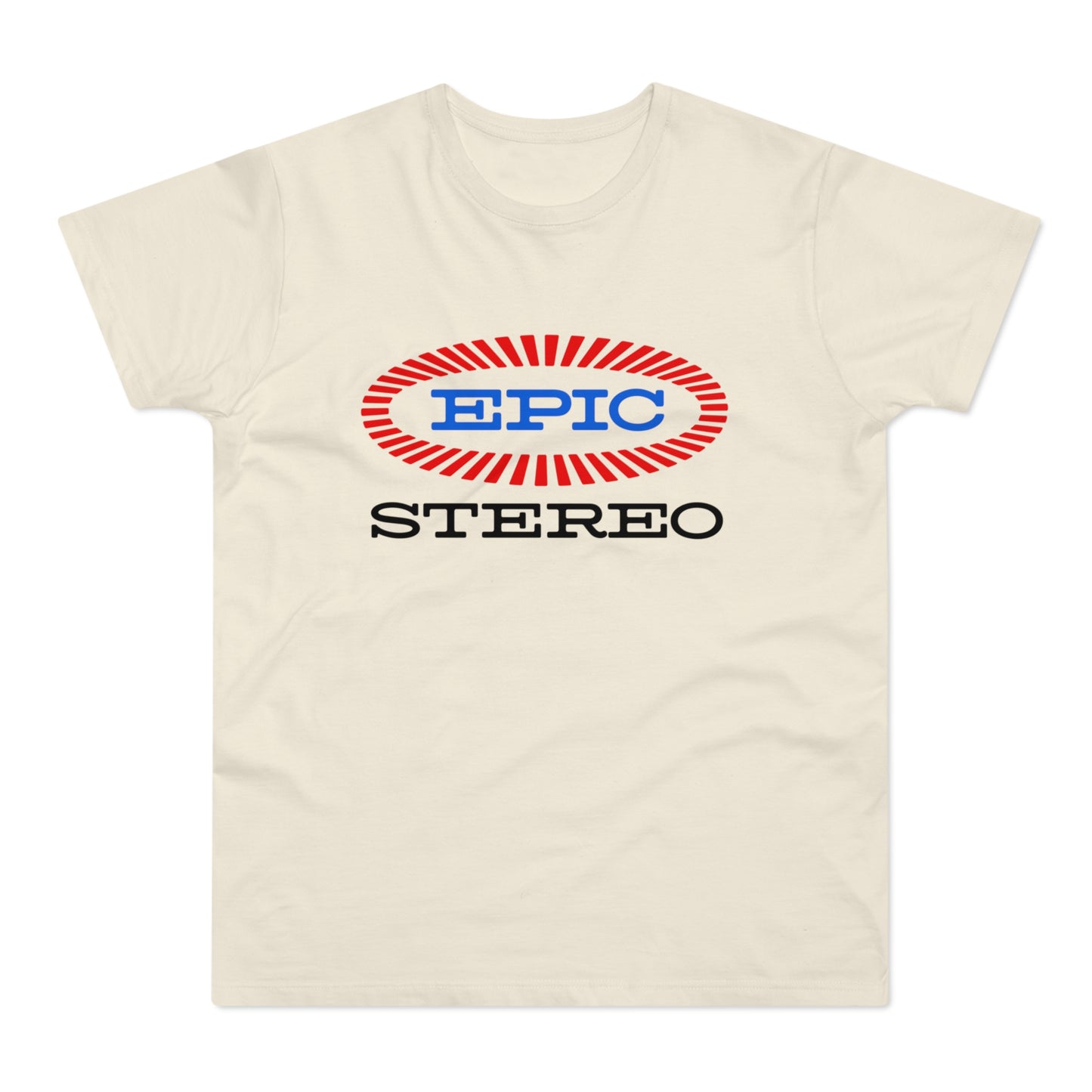 Cream t-shirt with red and blue "EPIC STEREO" logo on the chest.
