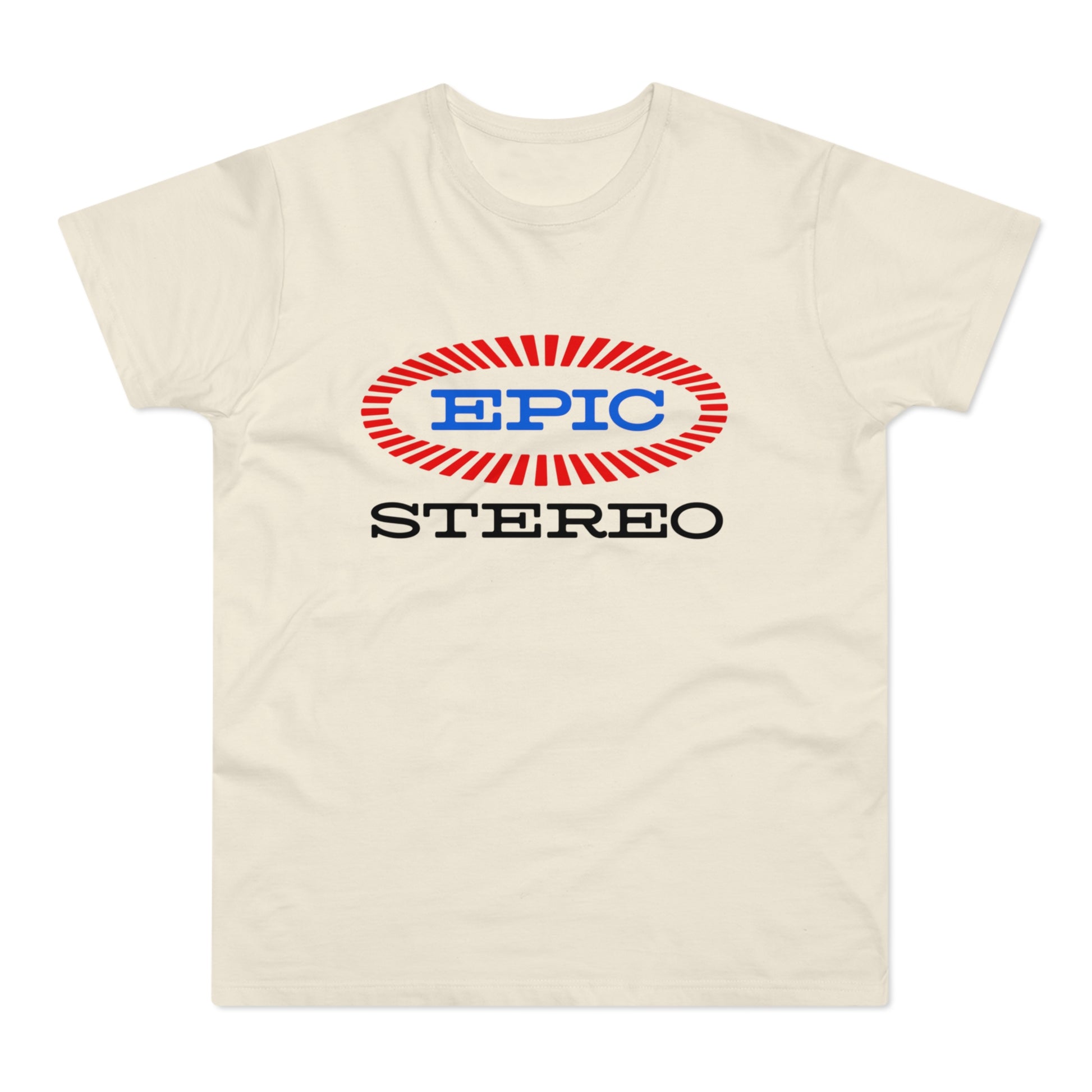 Cream t-shirt with red and blue "EPIC STEREO" logo on the chest.