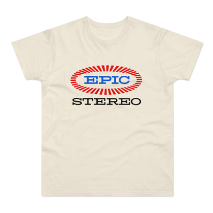 Cream t-shirt with red and blue "EPIC STEREO" logo on the chest.