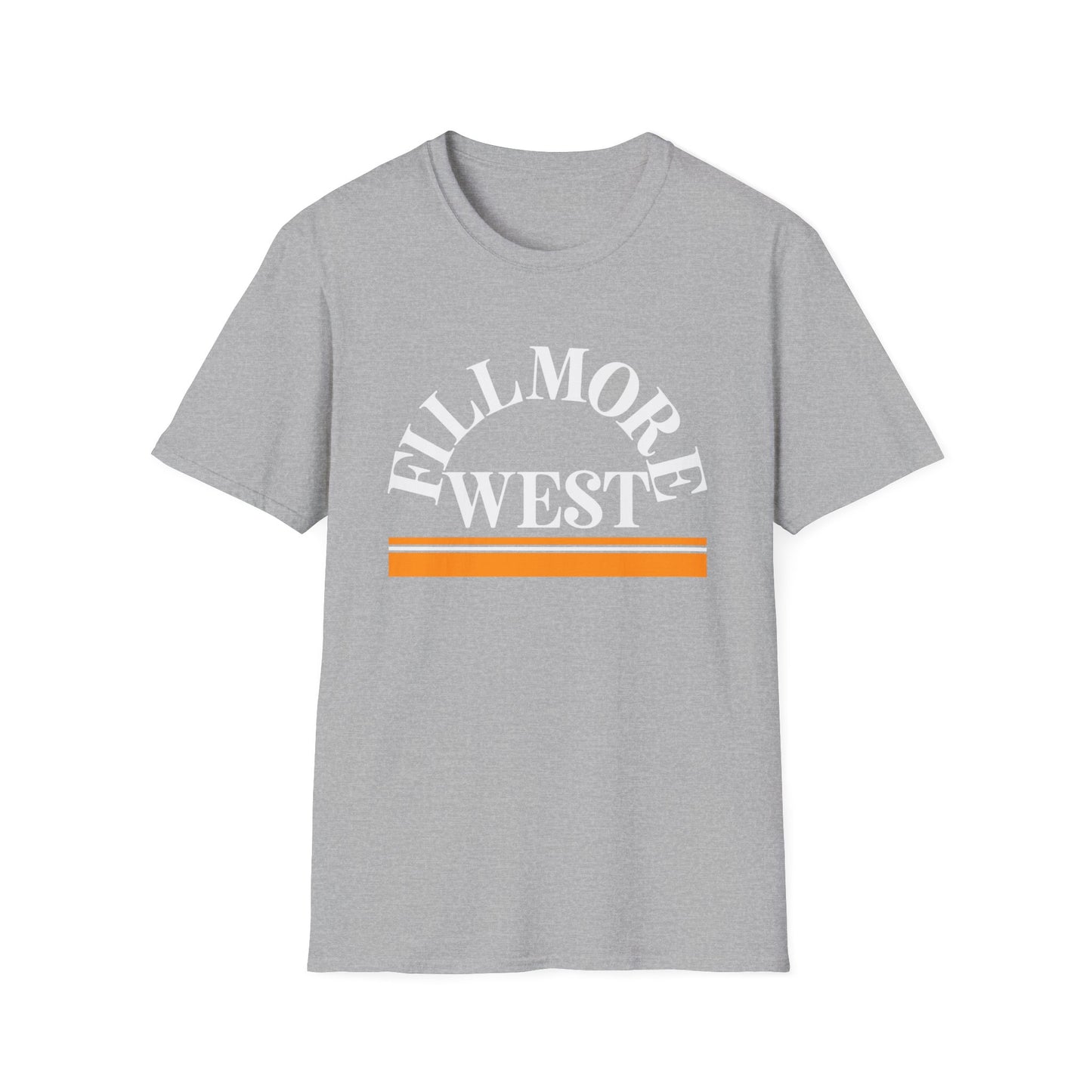 Light grey t-shirt with "Fillmore West" text and orange stripes.