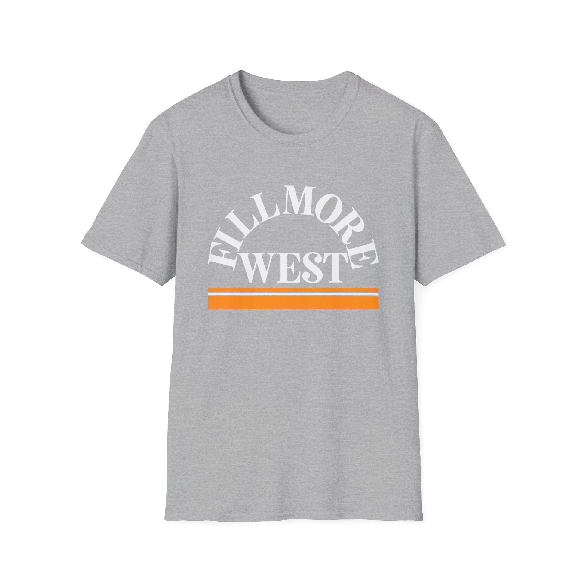 Light grey t-shirt with "Fillmore West" text and orange stripes.